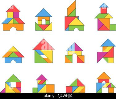 Tangram houses. Geometrical puzzles from triangles forms logical game for kids garish vector stylized buildings Stock Vector
