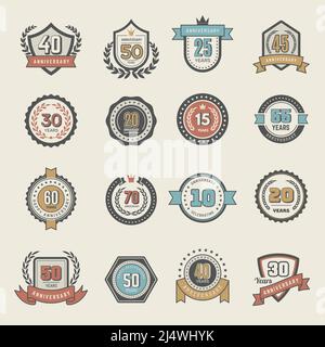 Anniversary dates. Badges with numbers for celebration dates recent vector emblems collection Stock Vector
