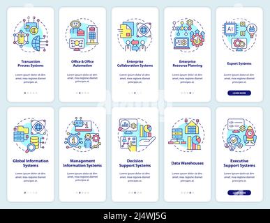 Information systems usage onboarding mobile app screen set Stock Vector