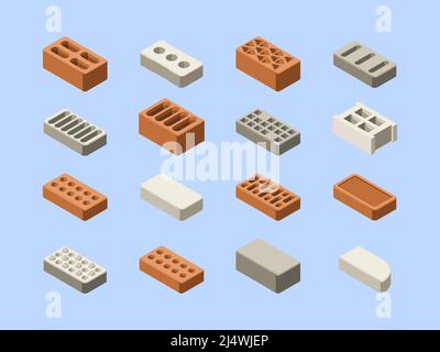 Bricks set. 3d materials for construction houses tools for buildings garish vector isometric bricks Stock Vector
