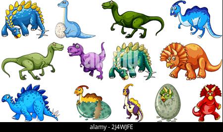 Many dinosaurs on white background illustration Stock Vector
