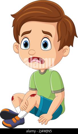 Cartoon little boy crying with scraped knee Stock Vector