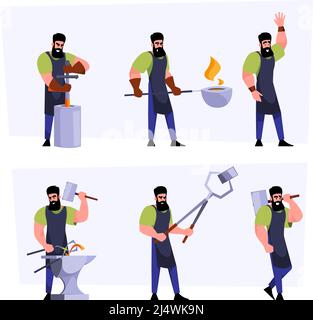 Blacksmith characters. Heavy industrial worker with steel hummer foundry workshop making sword and steel hardware garish vector blacksmith persons Stock Vector