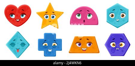 Set of various bright basic geometric shapes with face emotions. Various forms. Cute funny characters for kids. Vector illustration isolated. Stock Vector
