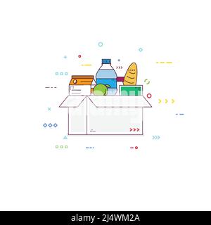 Cardboard box with groceries line style Stock Vector