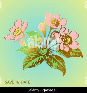 Hand drawn sakura flowers and leaves on branches. Botanical wedding invitation card template design. Vintage blossom cherry tree on light blue gold ba Stock Vector