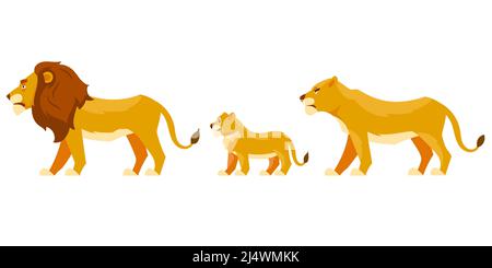 Lion family side view. African animals in cartoon style. Stock Vector