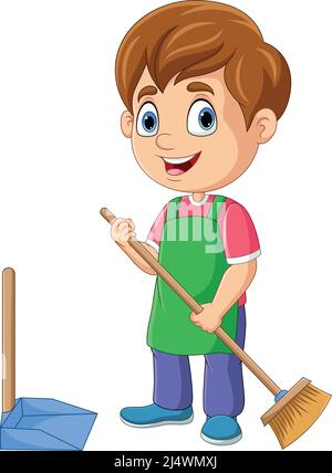 Cartoon little boy sweeping the floor Stock Vector