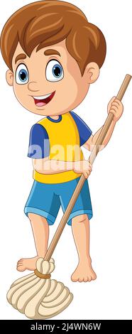 Cartoon little boy mopping the floor Stock Vector