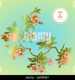 Hand drawn sakura flowers and leaves on branches. Botanical wedding invitation card template design. Vintage blossom cherry tree on light blue gold ba Stock Vector
