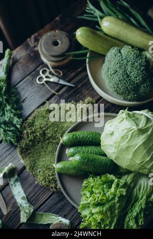 green vegetables, diet food, healthy food. Suitable for recipe book, food blog, brochures and personal website Stock Photo