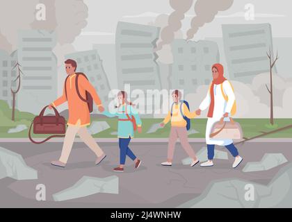 Family getting out of war-torn city flat color vector illustration Stock Vector