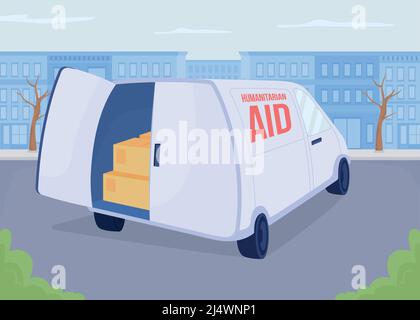 Delivering humanitarian aid to Ukraine flat color vector illustration Stock Vector
