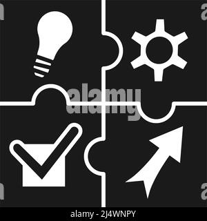 Black and white project development cycle concept. From idea to implementation. Vector illustration for icon, poster, leaflet, web site or application Stock Vector