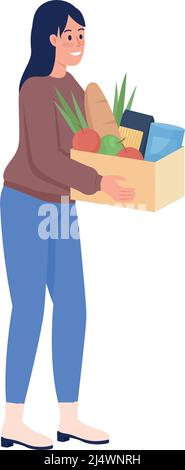 Female volunteer with humanitarian aid box semi flat color vector character Stock Vector