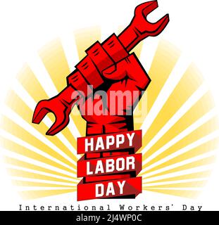 Happy labour day vector label with strong red fist with wrench. Happy labor day, workers' day, may day poster or greeting card. Illustration, vector Stock Vector