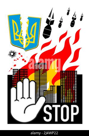 Stop war poster. Burning city under bombs. Vector Stock Vector