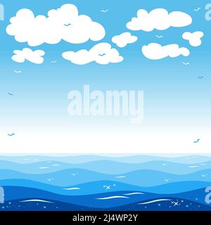 Blue sky with clouds and silhouettes of seagulls over the blue sea. Illustration, vector background Stock Vector
