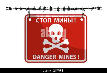 red sign plate with skull and crossbones hangs on barbed wire. Hazard symbol, minefield designation with inscription in Russian and English STOP MINES Stock Vector