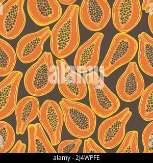 Papaya hand drawn seamless pattern in doodle style. Trendy vector illustrated pattern. Hawaiian fruits. Stock Vector