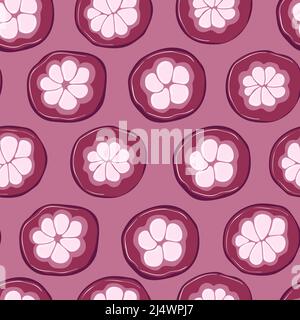 Mangosteen hand drawn seamless pattern background. Vector fruits background. Stock Vector