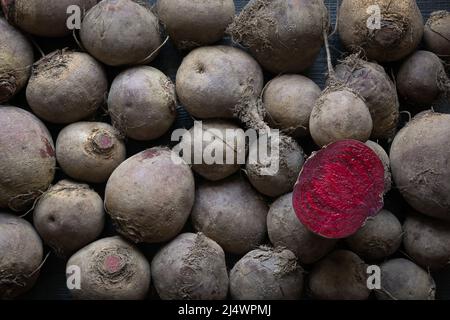 Fresh beetroot as background. Fall seasonal homegrown organic harvest. View from above. Copy space. Stock Photo