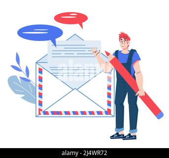 Online notifications and messages, email a concept with man getting incoming electronic letter in envelope. Online digital communication and mail, fla Stock Vector