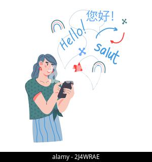 Woman using online language translator or learning app, flat vector illustration isolated on white background. Multilingual communication using transl Stock Vector