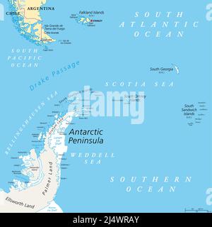 Antarctic Peninsula area, political map. From southern Patagonia and Falkland Islands to the Antarctic Peninsula.