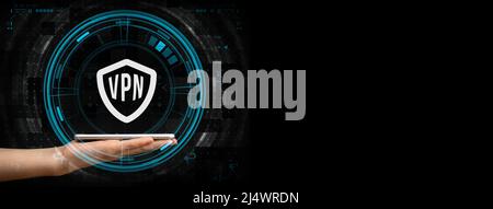 Mobile phone and VPN application, banner, Virtual Private Network. Secure and privacy connection, data protection concept Stock Photo