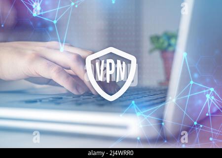 Modern laptop with VPN and user hand close-up. Virtual private network. Internet connection privacy concept Stock Photo