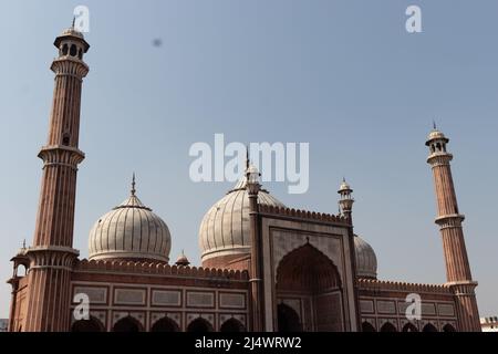 ancient mosque vintage dome view with bright blue sky at morning from unique perspective image is taken at jama masjid delhi india on Mar 30 2022. Stock Photo