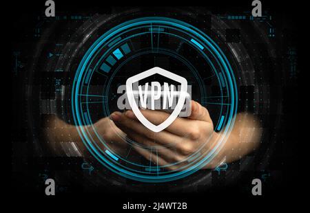 Mobile phone and VPN, Virtual Private Network. Secure and privacy connection, data protection concept Stock Photo