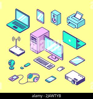 Isometric computer. Vintage style tablet, computers and laptop. Programmer equipment, professional digital 3d technics, tidy decorative vector set Stock Vector