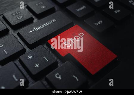 Security tech concept of red STOP signal on keyboard. Protection and privacy concept. Global technology. Data protection and cyber security. Stock Photo