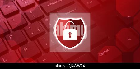 Keyboard background with red lights and security shield attacked. Internet of things. Cyber security concept. Protection and privacy. Stock Photo