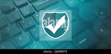 Cyber security data protection business technology privacy concept. Keyboard and virtual screen. Protection against dangers. Stock Photo