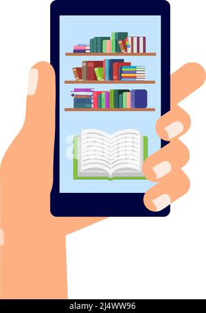 E-library concept. E-book reading in smartphone, bookshelf and opened book on screen in man hand. Academy digital library, online read decent vector Stock Vector