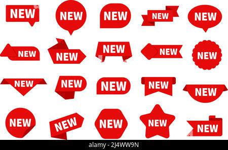 New arrival. Arrived red label, isolated fresh product or sale start tags. Order, announcement stickers. Discount business, ad exact vector bages set Stock Vector