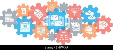 SEO line icons banner. Bookmark, Hosting, Hyperlink, Advertisement, Data Transfer icon set isolated on white background. Stock Vector