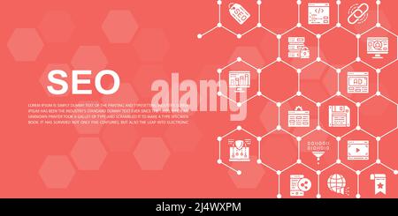 SEO web page design template. Bookmark, Hosting, Hyperlink, Advertisement, Data Transfer banner for website header and landing page, infographic. Stock Vector