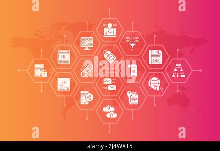 SEO banner. Bookmark, Hosting, Hyperlink, Advertisement, Data Transfer illustration for web page banner or presentation. Stock Vector