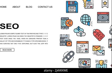 SEO landing page design template. Bookmark, Hosting, Hyperlink, Advertisement, Data Transfer illustration for website design, business presentation. Stock Vector