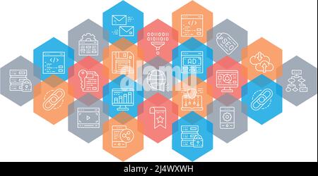 SEO web page banner. Bookmark, Hosting, Hyperlink, Advertisement, Data Transfer line icons concept isolated on white background. Stock Vector