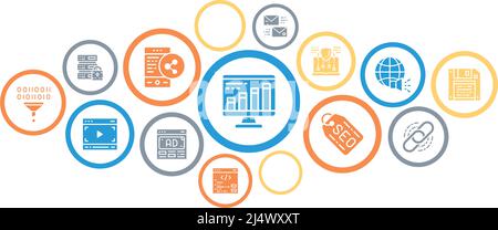 SEO business icons illustration concept. Bookmark, Hosting, Hyperlink, Advertisement, Data Transfer banner design for website and mobile app. Stock Vector
