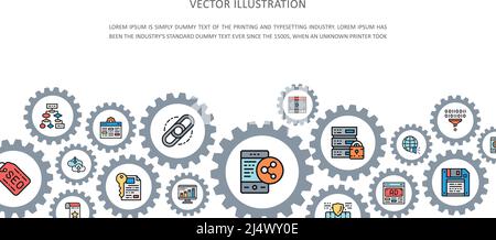 SEO landing page with colored icons. Bookmark, Hosting, Hyperlink, Advertisement, Data Transfer business icon banner. Stock Vector