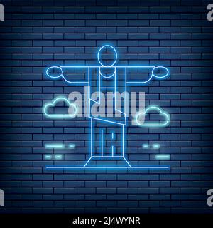 Kiev, Ukraine - March 1, 2022: Vector Statue of Christ the Redeemer, Brazil, landmark neon sign. Stock Vector