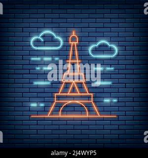 Kiev, Ukraine - March 1, 2022: Vector Eiffel Tower, France, landmark neon sign. Vector illustration in neon style. Stock Vector