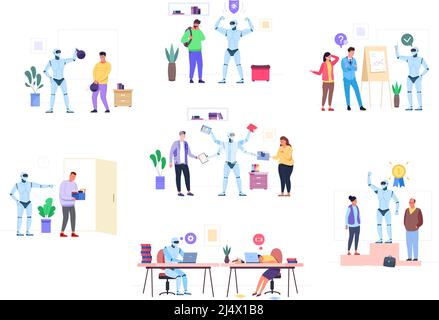 Human versus robot. Artificial intelligence cyber challenge, confrontation man vs ai, future technology working robots replace tired people, job machine, garish vector illustration Stock Vector