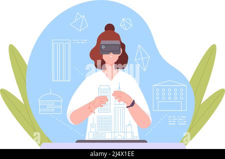 Vr construction. Virtual engineering hologram model building skyscrapers design, woman in augmented reality glasses, digital simulation architecture, vector illustration. Hologram construction digital Stock Vector